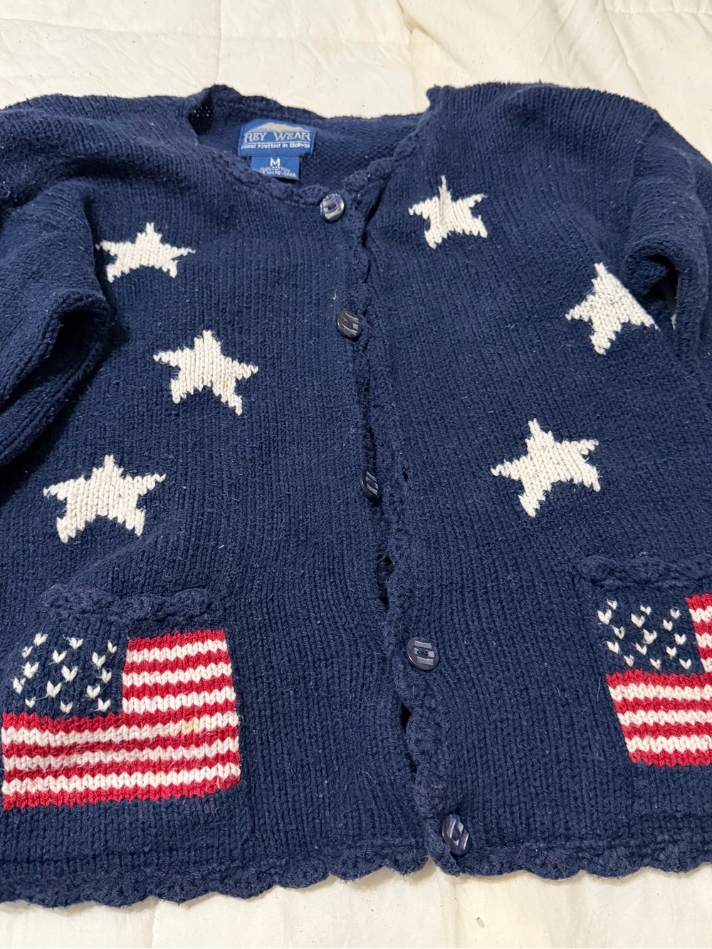 Rey Wear M Navy Star & Flag Cardigan Sweater